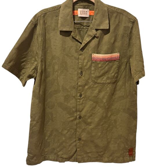 Scotch & Soda Green Patterned Embroidered Short Sleeve Button Down Medium - Picture 1 of 7
